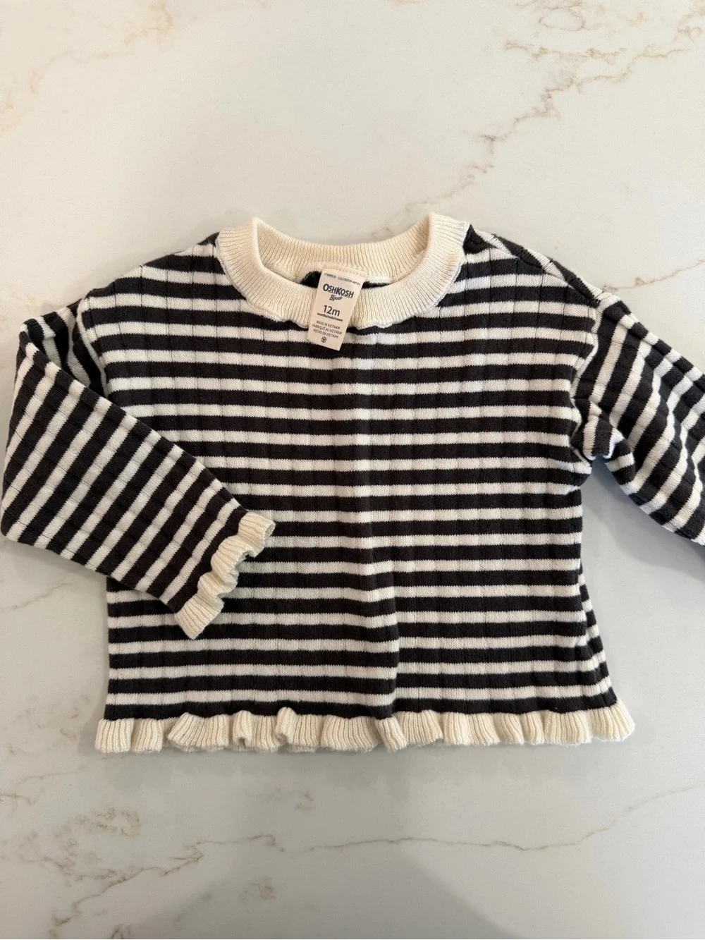 Oshkosh Black & White Striped Ruffle Hem Knit Top